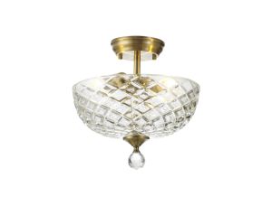 Jodel 2 Light Semi Flush Ceiling E27 With Flat Round 30cm Patterned Glass Shade Antique Brass/Clear