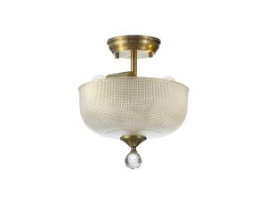 Jodel 2 Light Semi Flush Ceiling E27 With Round 26.5cm Prismatic Effect Glass Shade Antique Brass/Clear
