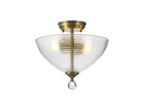 Jodel 2 Light Semi Flush Ceiling E27 With Round 33.5cm Prismatic Effect Glass Shade Antique Brass/Clear