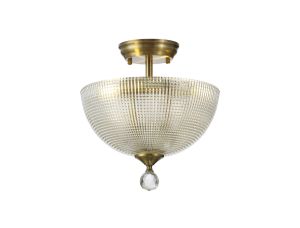 Jodel 2 Light Semi Flush Ceiling E27 With Round 30cm Prismatic Effect Glass Shade Antique Brass/Clear