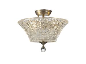 Jodel 2 Light Semi Flush Ceiling E27 With Round 38cm Patterned Glass Shade Satin Nickel/Clear