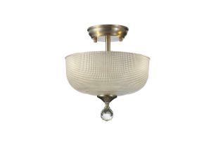 Jodel 2 Light Semi Flush Ceiling E27 With Round 26.5cm Prismatic Effect Glass Shade Satin Nickel/Clear
