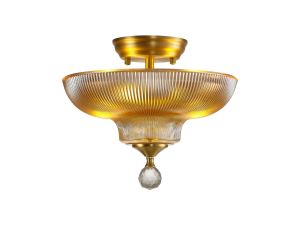 Jodel 2 Light Semi Flush Ceiling E27 With Round 30cm Glass Shade Satin Gold/Amber