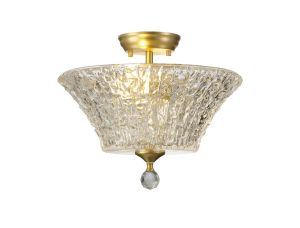 Jodel 2 Light Semi Flush Ceiling E27 With Round 38cm Patterned Glass Shade Satin Gold/Clear