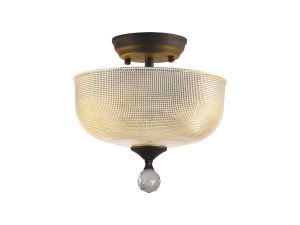 Jodel 2 Light Semi Flush Ceiling E27 With Round 26.5cm Prismatic Effect Glass Shade Graphite/Clear