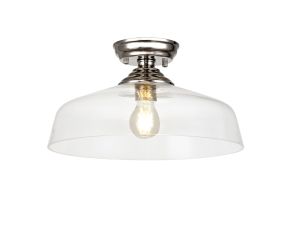 Jodel 1 Light Flush Ceiling E27 With Flat Round 38cm Glass Shade Polished Nickel/Clear