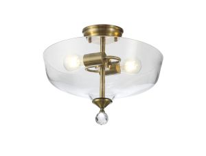 Jodel 2 Light Semi Flush Ceiling E27 With Flat Round 38cm Glass Shade Antique Brass/Clear