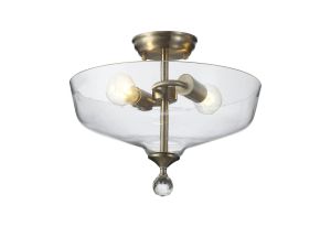 Jodel 2 Light Semi Flush Ceiling E27 With Flat Round 38cm Glass Shade Satin Nickel/Clear