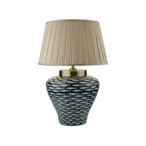 Joy 1 Light E27 Blue With White Fish Motif Table Lamp With Inline Switch C/W Degas Taupe Faux Silk Tapered 40cm Drum Shade