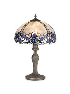 Kaka 1 Light Curved Table Lamp E27 With 30cm Tiffany Shade, Blue/Clear Crystal/Aged Antique Brass