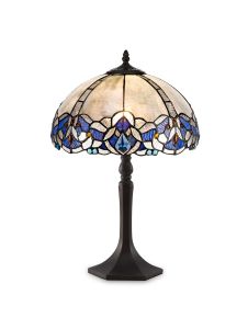 Kaka 1 Light Octagonal Table Lamp E27 With 30cm Tiffany Shade, Blue/Clear Crystal/Aged Antique Brass