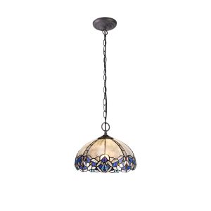 Kaka 2 Light Downlight Pendant E27 With 30cm Tiffany Shade, Blue/Clear Crystal/Aged Antique Brass