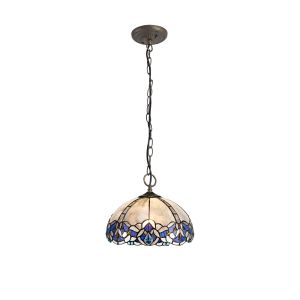 Kaka 3 Light Downlight Pendant E27 With 30cm Tiffany Shade, Blue/Clear Crystal/Aged Antique Brass