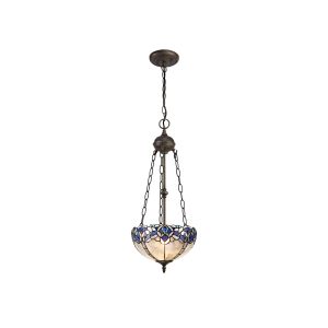 Kaka 2 Light Uplighter Pendant E27 With 30cm Tiffany Shade, Blue/Clear Crystal/Aged Antique Brass