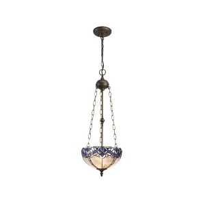 Kaka 3 Light Uplighter Pendant E27 With 30cm Tiffany Shade, Blue/Clear Crystal/Aged Antique Brass
