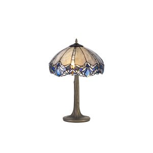 Kaka 2 Light Tree Like Table Lamp E27 With 40cm Tiffany Shade, Blue/Clear Crystal/Aged Antique Brass