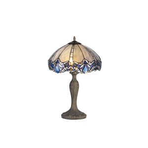 Kaka 2 Light Curved Table Lamp E27 With 40cm Tiffany Shade, Blue/Clear Crystal/Aged Antique Brass