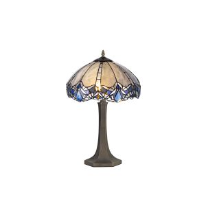 Kaka 2 Light Octagonal Table Lamp E27 With 40cm Tiffany Shade, Blue/Clear Crystal/Aged Antique Brass