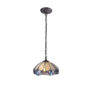 Kaka 1 Light Downlight Pendant E27 With 40cm Tiffany Shade, Blue/Clear Crystal/Aged Antique Brass