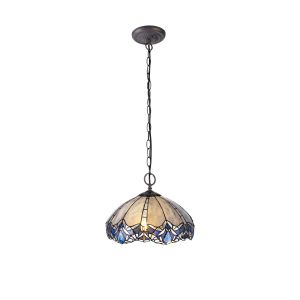 Kaka 2 Light Downlight Pendant E27 With 40cm Tiffany Shade, Blue/Clear Crystal/Aged Antique Brass