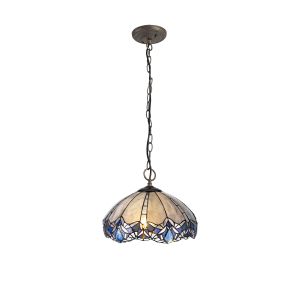 Kaka 3 Light Downlight Pendant E27 With 40cm Tiffany Shade, Blue/Clear Crystal/Aged Antique Brass
