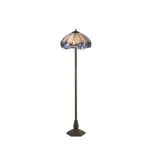 Kaka 2 Light Octagonal Floor Lamp E27 With 40cm Tiffany Shade, Blue/Clear Crystal/Aged Antique Brass