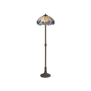 Kaka 2 Light Leaf Design Floor Lamp E27 With 40cm Tiffany Shade, Blue/Clear Crystal/Aged Antique Brass