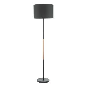 Kelso 1 Light E27 Matt Black With Polished Copper Floor Lamp With Inline Foot Switch C/W Black Cotton Shade