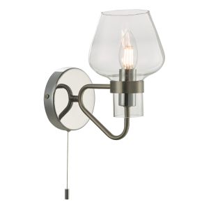 Keta 1 Light E14 Satin Chrome Retro Styled Wall Light With Pull Cord C/W Clear Glass Shade