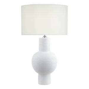 Kiara 1 Light E27 Ceramic White Table Lamp With Inline Switch C/W Pyramid White Linen 46cm Drum Shade