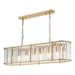 Kiran 7 Light Natural Brass Adjustable Linear Bar Pendant Light With Faceted Glass Crystals