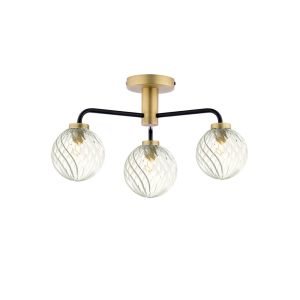 Lainey 3 Light G9 Matt Black & Antique Brass Semi Flush Ceiling Light C/W Clear Twisted Style Closed Glass Shade