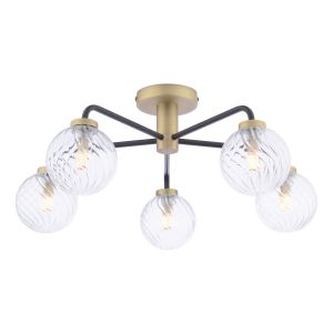 Lainey 5 Light G9 Matt Black & Antique Brass Semi Flush Ceiling Light C/W Clear Twisted Style Closed Glass Shade