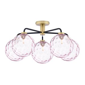 Lainey 5 Light G9 Matt Black & Antique Brass Semi Flush Ceiling Light C/W Pink Dimpled Glass Shades