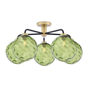 Lainey 5 Light G9 Matt Black & Antique Brass Semi Flush Ceiling Light C/W Green Dimpled Glass Shades