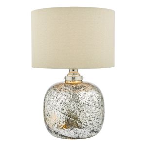 Lava 2 Light E27 Polished Nickel Table Lamp Volcanic Glass C/W Natural Linen Drum Shade