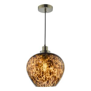 Leandra 1 Light E27 Antique Brass Adjustable Pendant With Hand-Blown Confetti Insert With Amber Glow Glass Shade