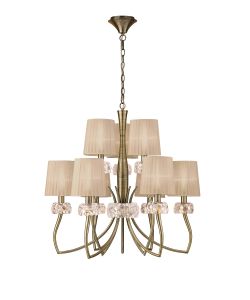 Loewe 2 Tier Pendant 6+3 Light E14, Antique Brass With Soft Bronze Shades