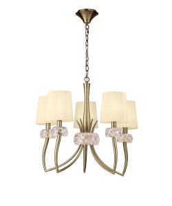 Loewe 66cm Pendant 5 Light E14, Antique Brass With Cream Shades