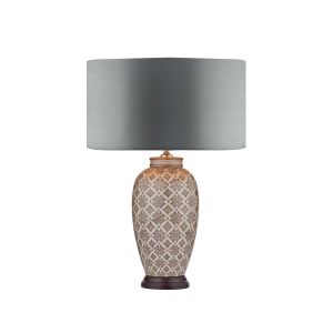 Louise 1 Light E27 Brown With Ccrain Table Lamp With Inline Switch C/W Hilda Grey Faux Silk 40cm Drum Shade