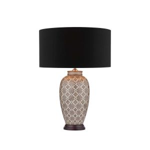 Louise 1 Light E27 Brown With Ccrain Table Lamp With Inline Switch C/W Sword Black Cotton 40cm Drum Shade