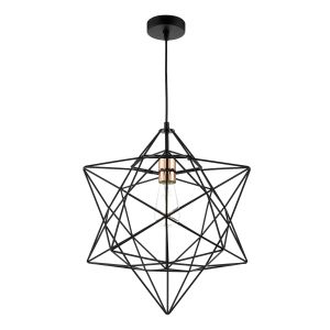 Luanda 1 Light E27 Matt Black Adjustable Star Shaped Pendant With Bright Copper Detail