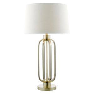 Lucie 1 Light E27 Satin Brass Table Lamp With Inline Switch C/W A Natural Linen Tapered Drum Shade