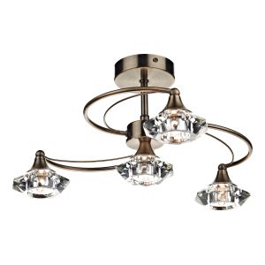 Luther 4 Light G9 Antique Brass Semi Flush Fitting With Faceted Crystal Glass Shades