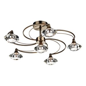Luther 6 Light G9 Antique Brass Semi Flush Fitting With Faceted Crystal Glass Shades