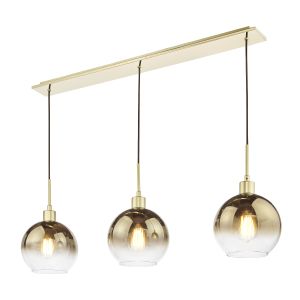 Lycia 3 Light E27 Polished Gold Adjustable Linear Bar Pendant C/W Ombre Gold Glass Shade