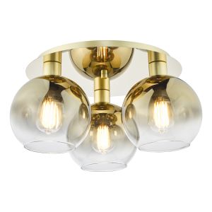 Lycia 3 Light E27 Polished Gold Semi Flush Ceiling Light C/W Ombre Gold Glass Shade