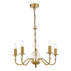 Lyzette 5 Light E14 Aged Brass Armed Adjustable Ceiling Pendant C/W Ribbed Glass