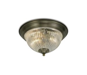 Macy IP44 2 Light E14 Flush Ceiling Light, Antique Brass With Clear Ribbed Glass