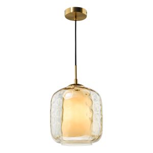 Majella 1 Light E27 Aged Brass Adjustable Pendant With Dimpled Champagne Glass Shade And With A Soft Opal Glass Diffuser